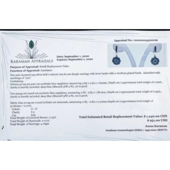 925 Sterling Silver Earrings, 18 Synthetic Blue Sapphires 2.25ct Appraise $1240 - Picture 2 of 3